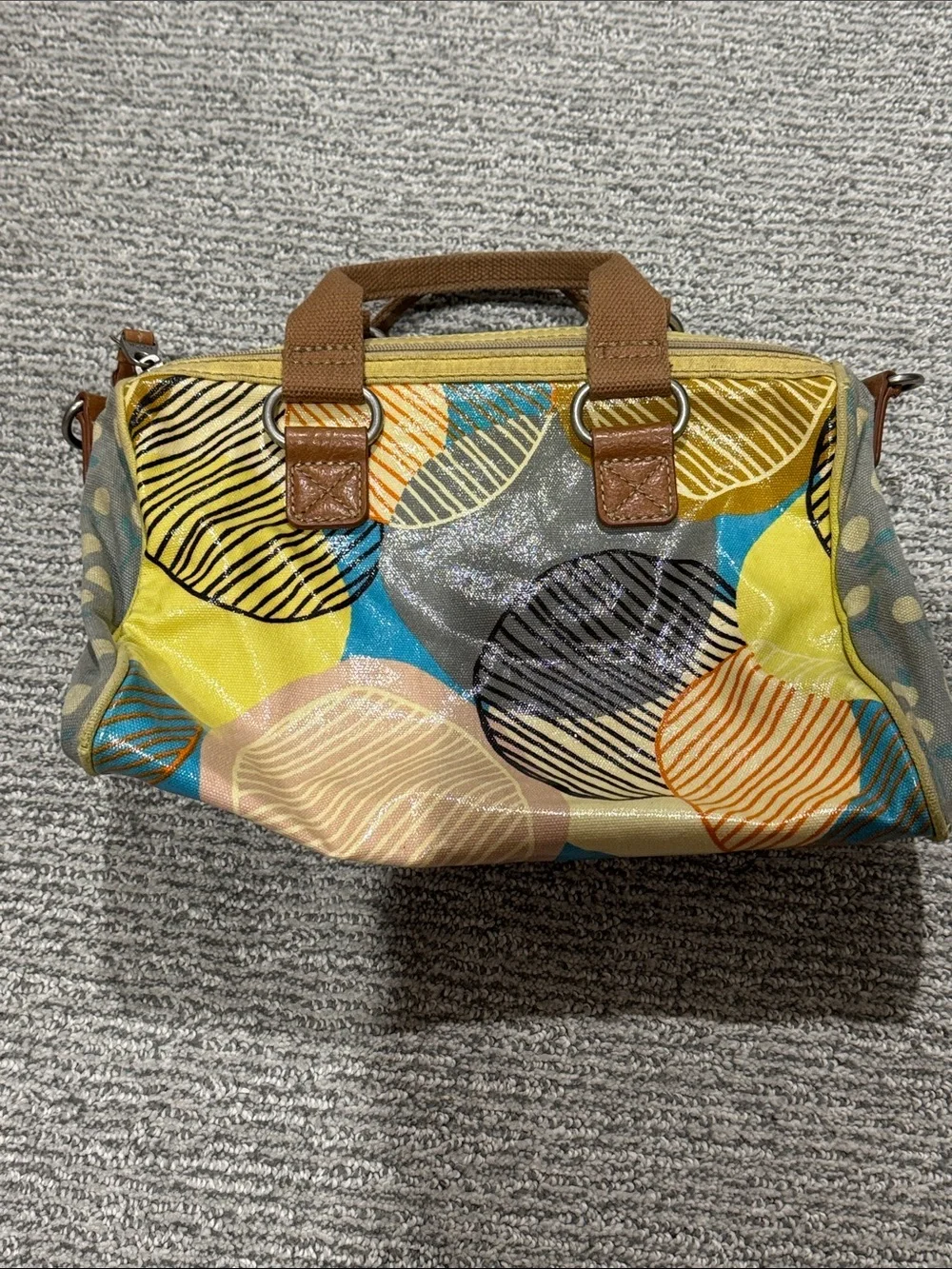 Fossil Circle Print satchel in Blue, Yellow & Tan